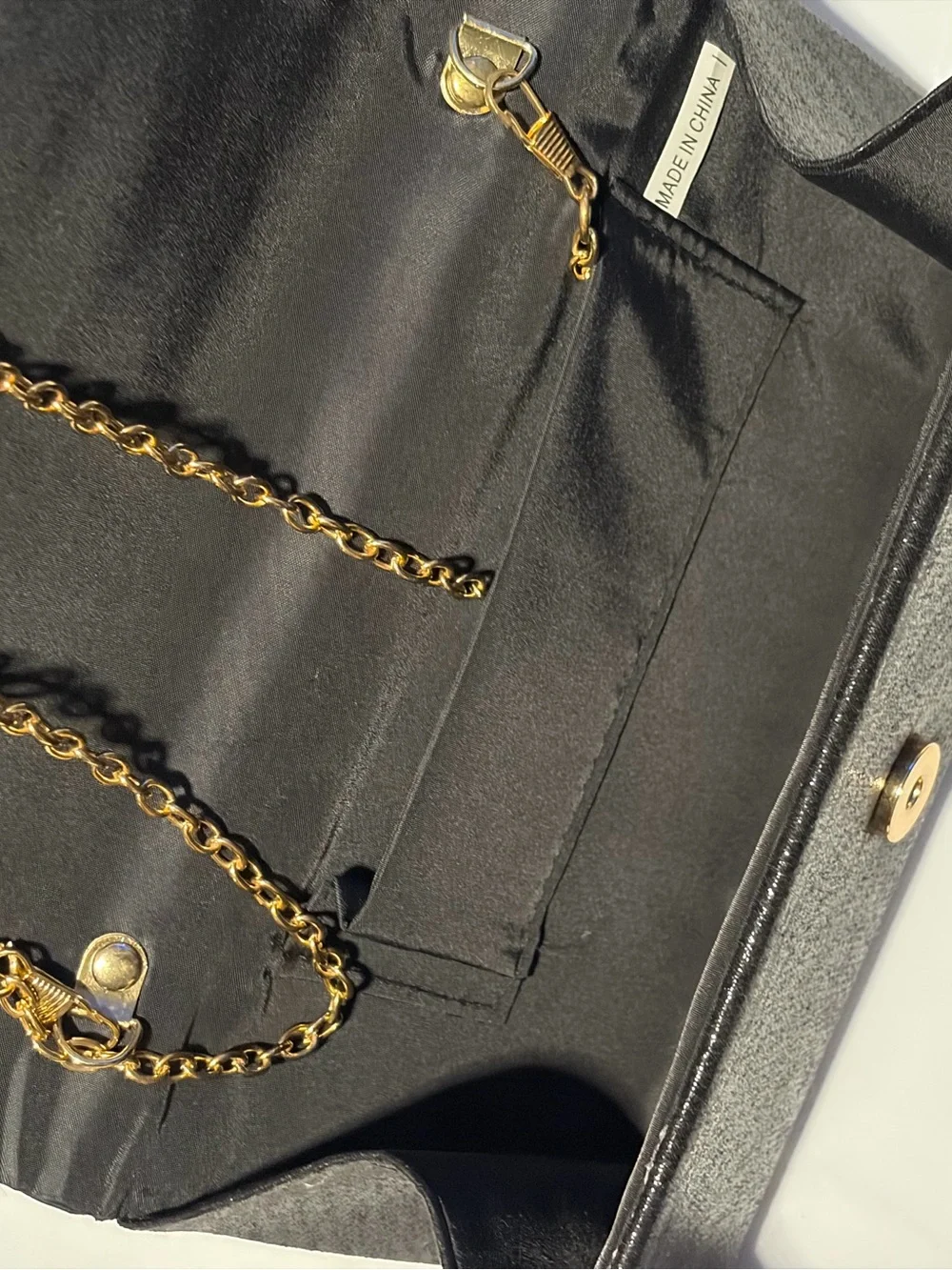 Black Glitter Evening Clutch with Gold Chain Strap